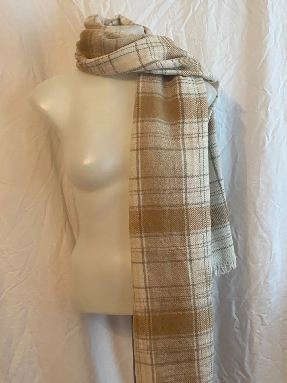 Beige And Tan Plaid Fringe Oversized Scarf Wrap
